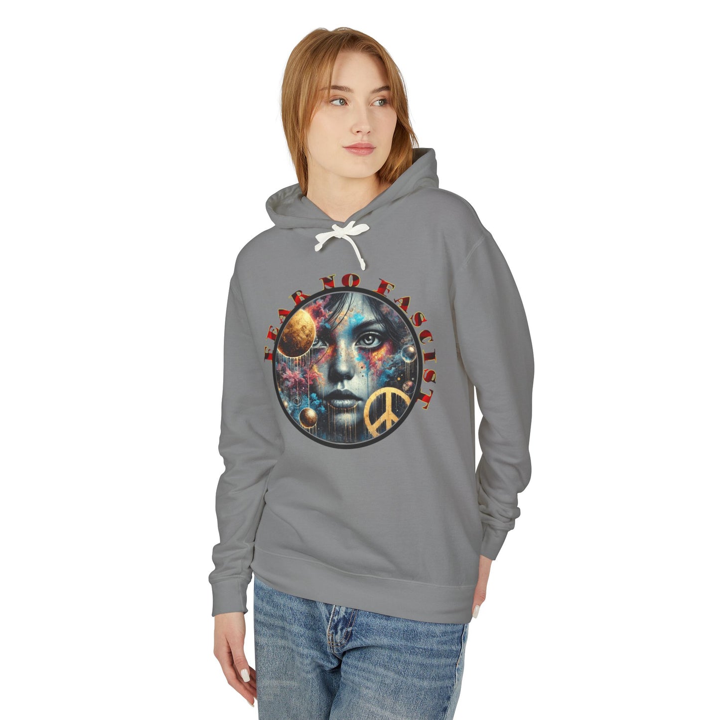 Fear No Fascist Sweatshirt, Unisex Lightweight Hoodie, Peaceful Protest Apparel, Cosmic Graphic Top, Activism Gift