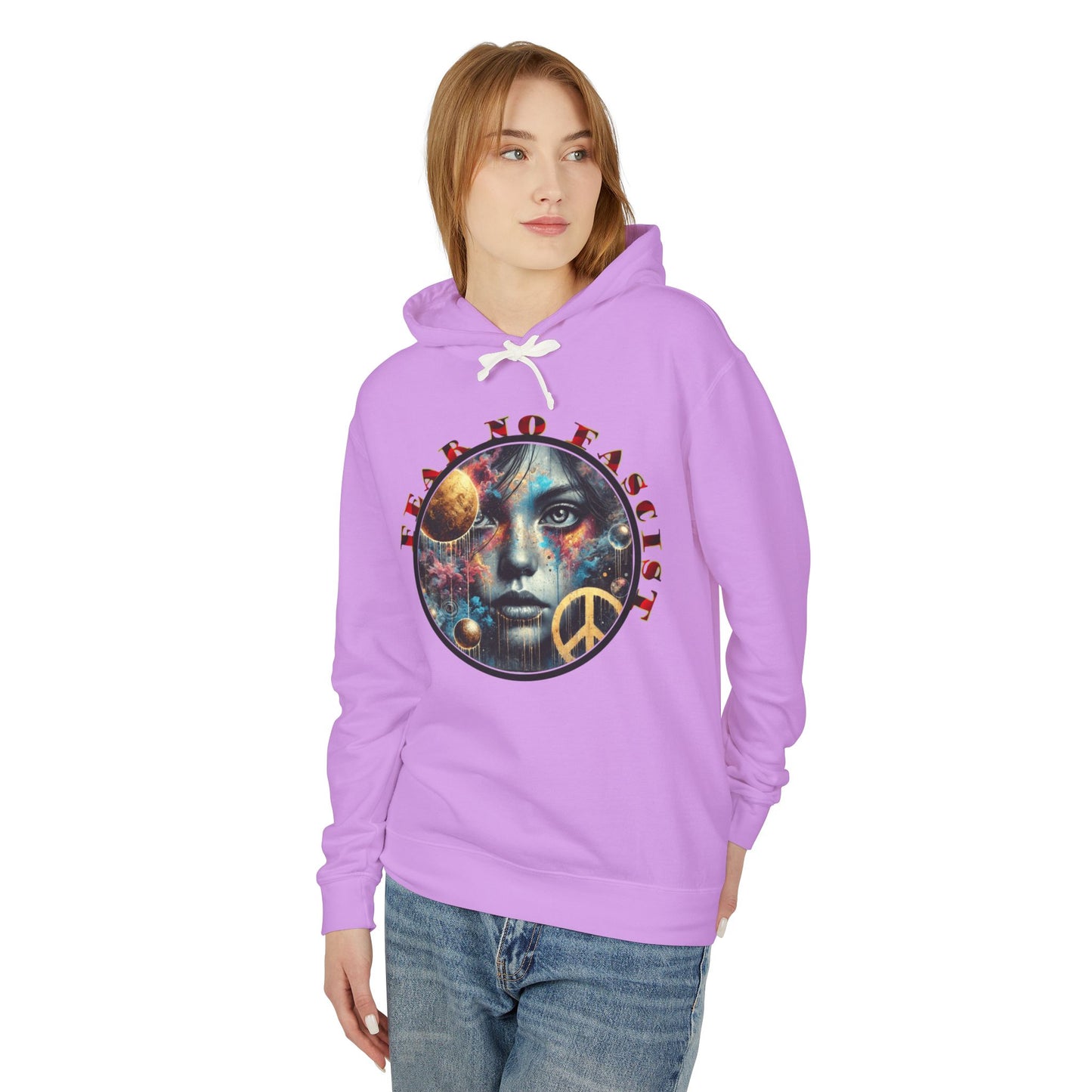 Fear No Fascist Sweatshirt, Unisex Lightweight Hoodie, Peaceful Protest Apparel, Cosmic Graphic Top, Activism Gift