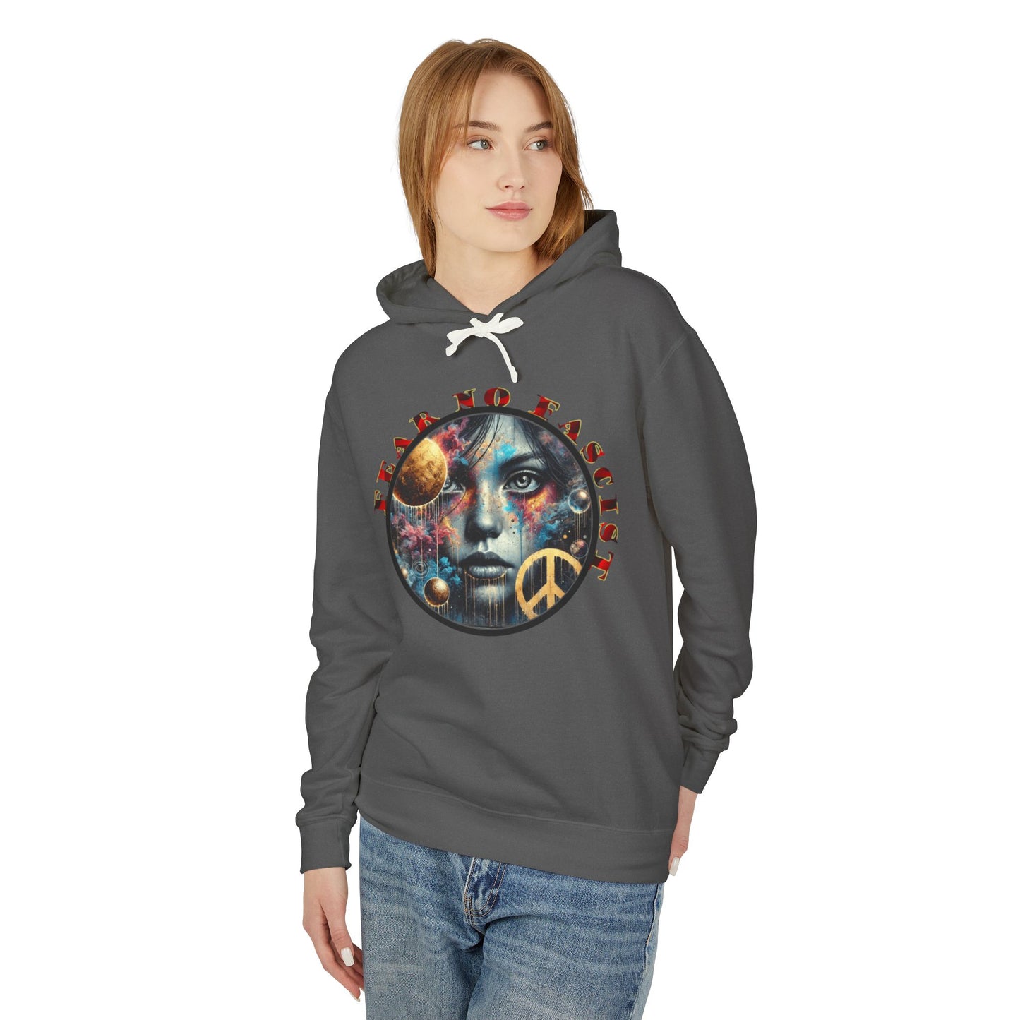 Fear No Fascist Sweatshirt, Unisex Lightweight Hoodie, Peaceful Protest Apparel, Cosmic Graphic Top, Activism Gift