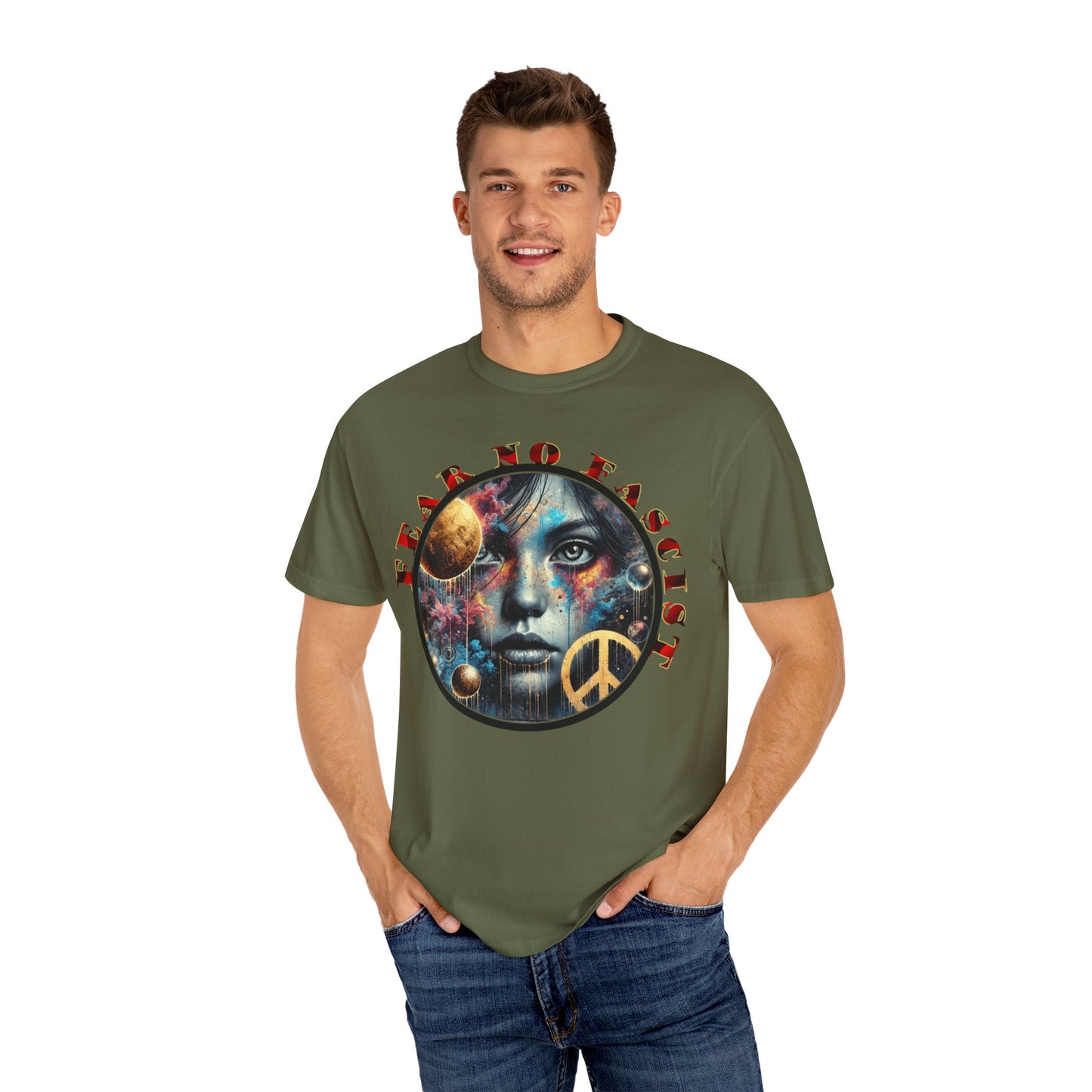 Cosmic Peace Graphic T-Shirt - Fear No Fascist Design, Unisex Tee, Artful Apparel, Statement Shirt, Gift for Activists