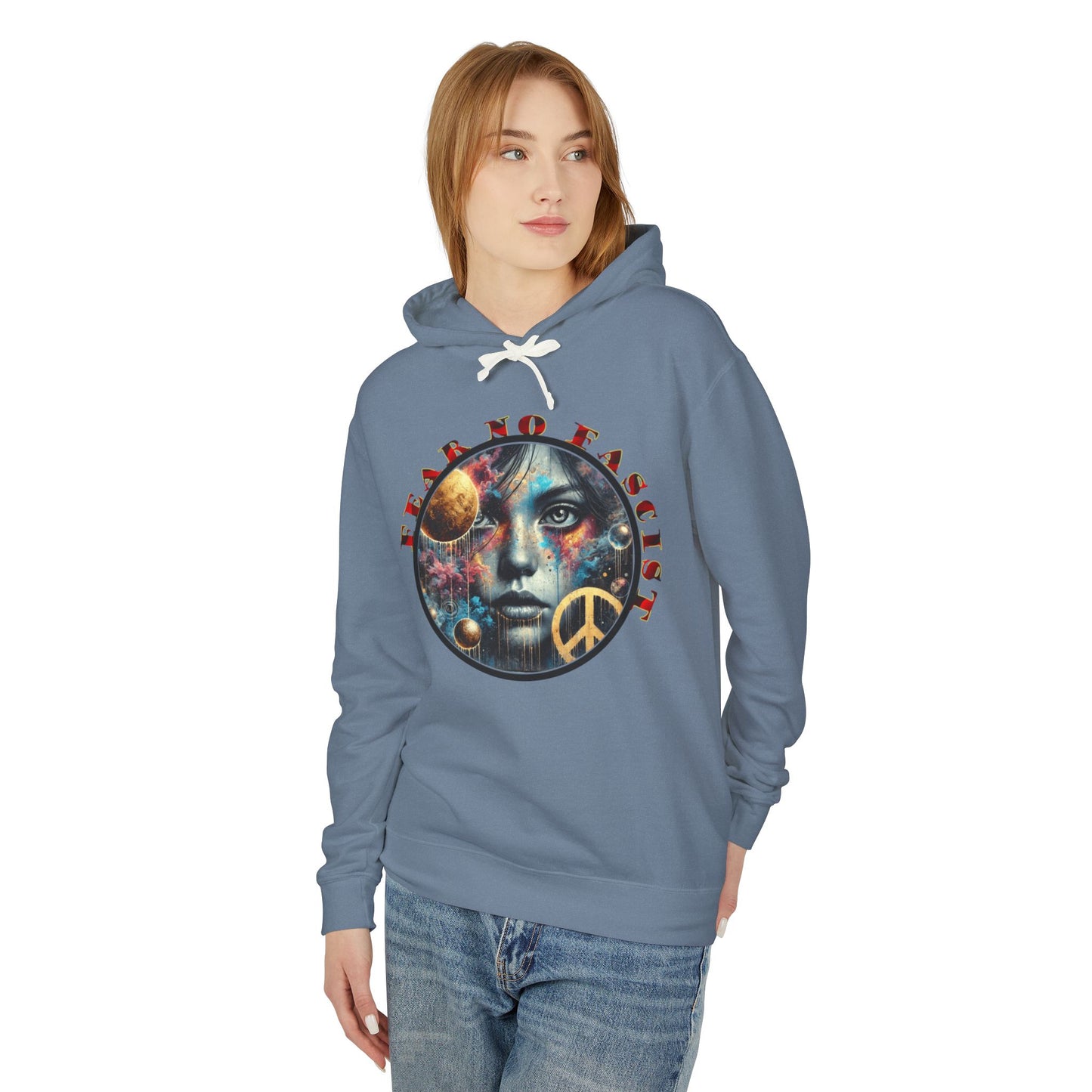 Fear No Fascist Sweatshirt, Unisex Lightweight Hoodie, Peaceful Protest Apparel, Cosmic Graphic Top, Activism Gift