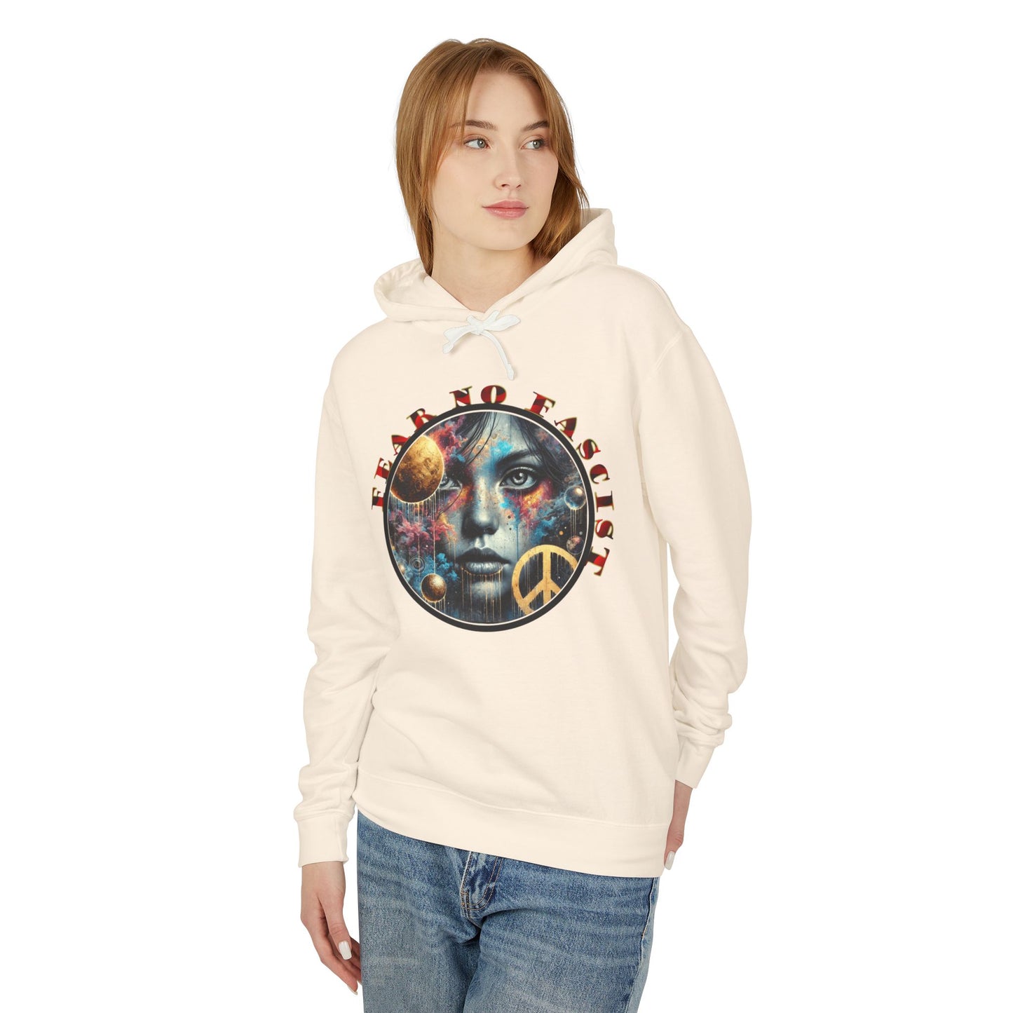 Fear No Fascist Sweatshirt, Unisex Lightweight Hoodie, Peaceful Protest Apparel, Cosmic Graphic Top, Activism Gift