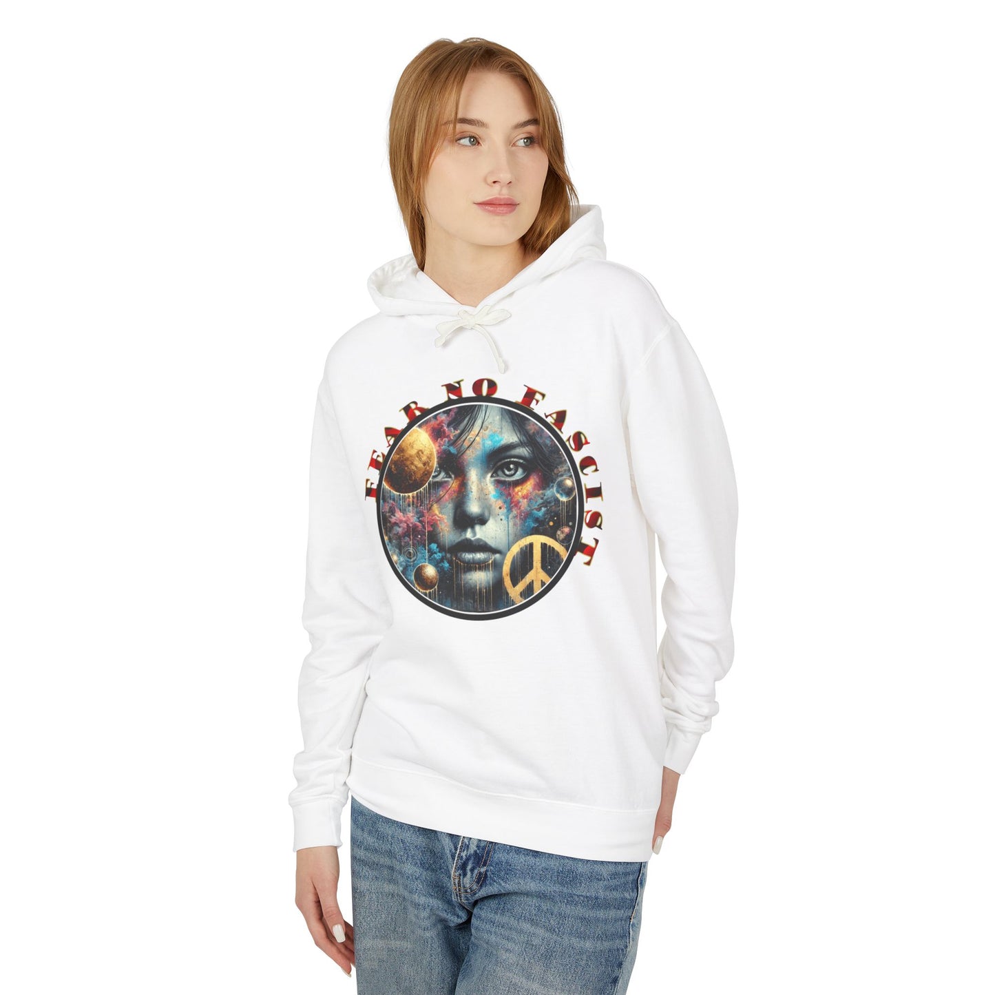 Fear No Fascist Sweatshirt, Unisex Lightweight Hoodie, Peaceful Protest Apparel, Cosmic Graphic Top, Activism Gift