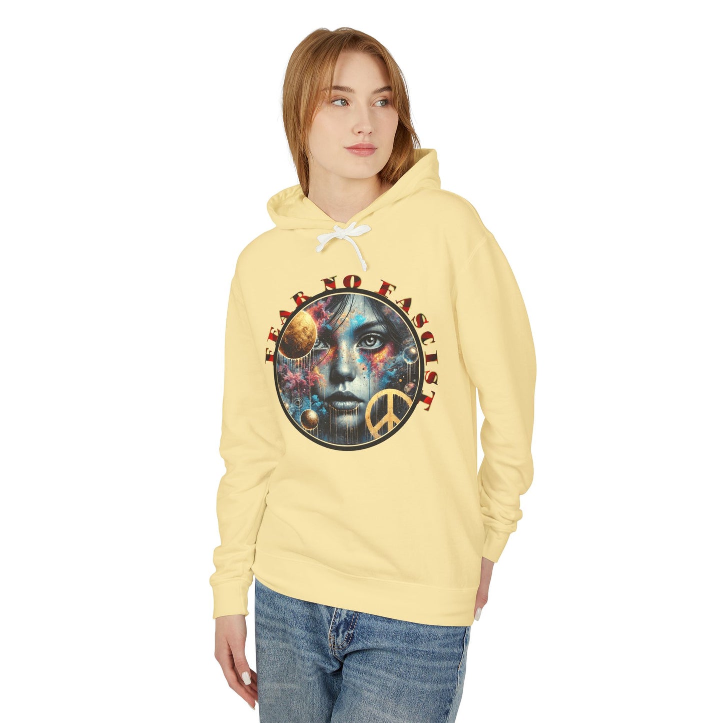 Fear No Fascist Sweatshirt, Unisex Lightweight Hoodie, Peaceful Protest Apparel, Cosmic Graphic Top, Activism Gift