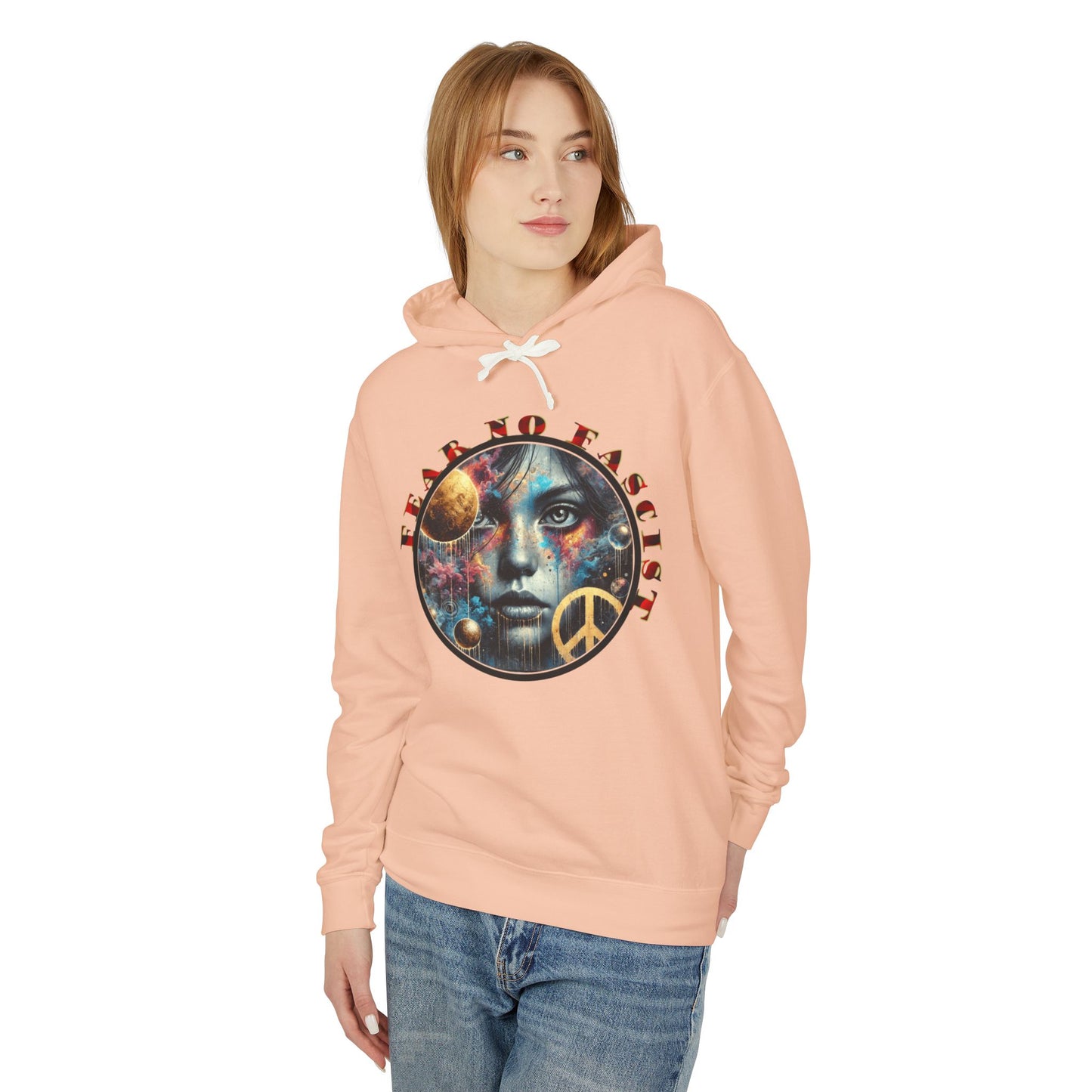 Fear No Fascist Sweatshirt, Unisex Lightweight Hoodie, Peaceful Protest Apparel, Cosmic Graphic Top, Activism Gift