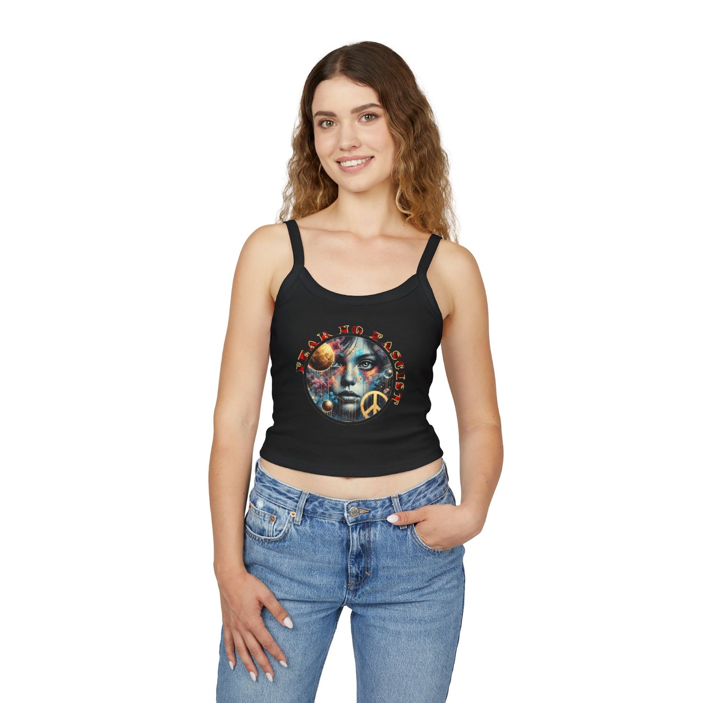 Surrealistic Fear No Fascist Spaghetti Strap Tank Top, Feminist Clothing, Summer Fashion, Casual Wear, LGBTQ+ Pride, Statement Piece, Gift for Activists